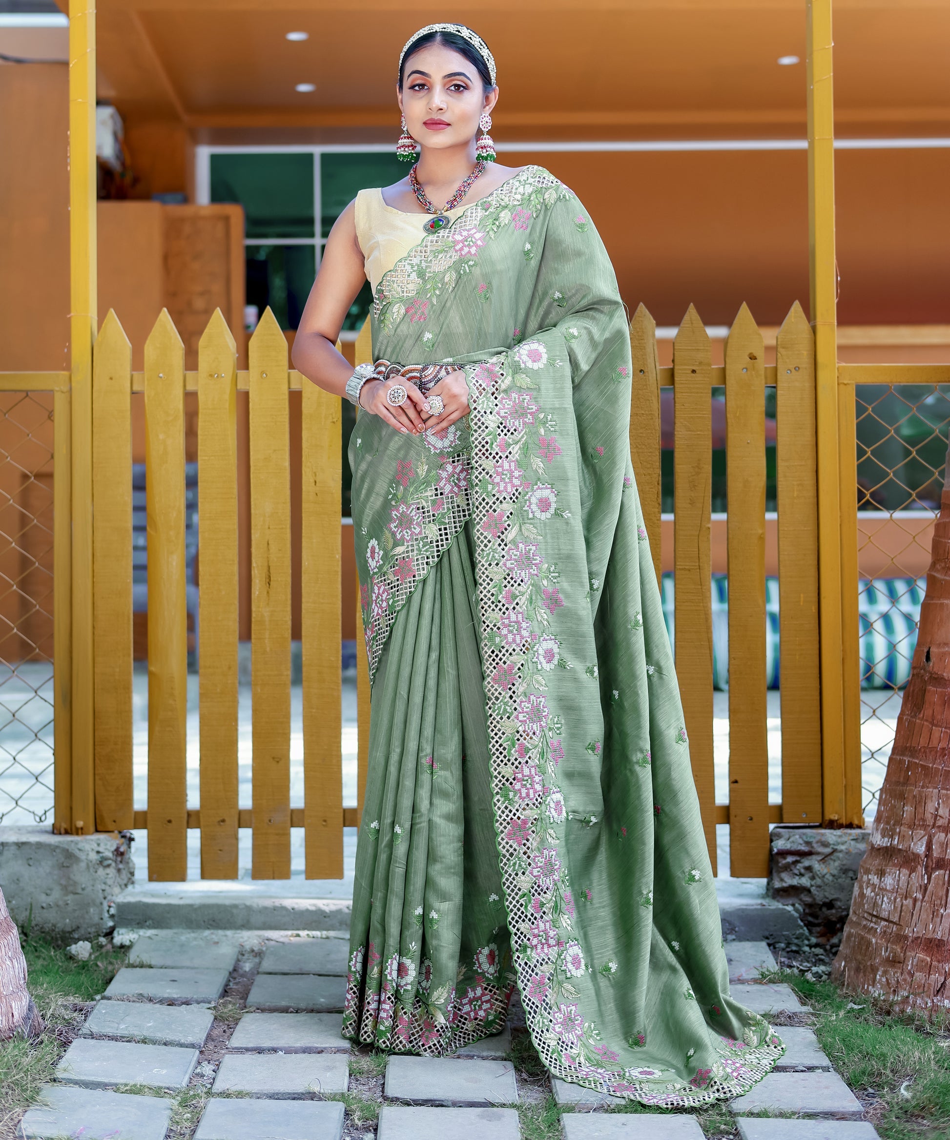 Buy MySilkLove Sprout Green Embroidered Tussar Silk Saree Online