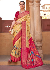 Vis Yellow and Red Woven Paithani Silk Saree