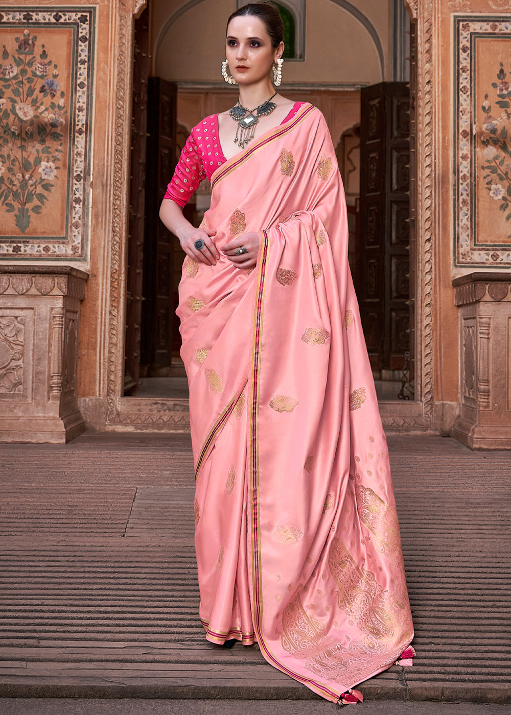 Buy MySilkLove Sea Pink Woven Satin Silk Saree Online
