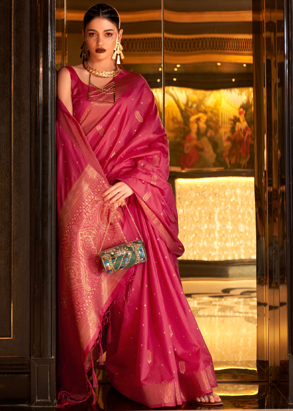 Buy MySilkLove Dingy Dungeon Pink Bronze Zari Woven Tussar Silk Saree Online