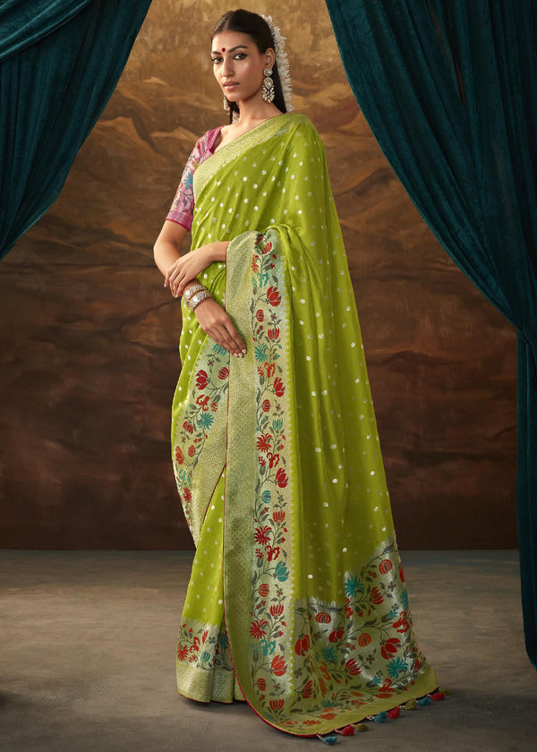 Alpine Green Woven Paithani Banarasi Soft Silk Saree