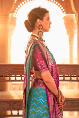 Smalt Blue and Pink Printed Patola Silk Saree