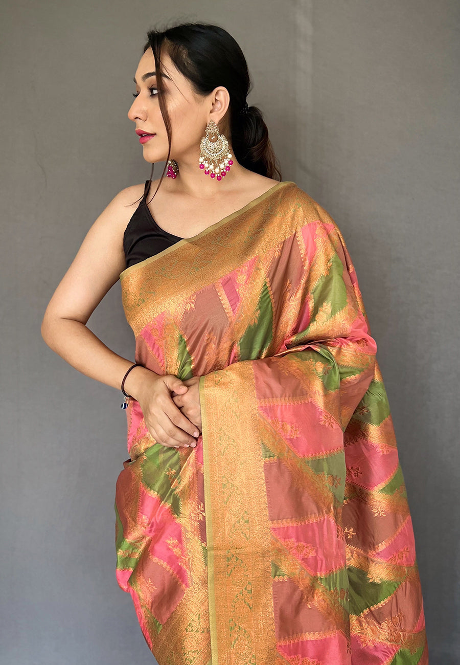 Buy MySilkLove Japonica Pink Copper Zari Woven Organza Saree Online