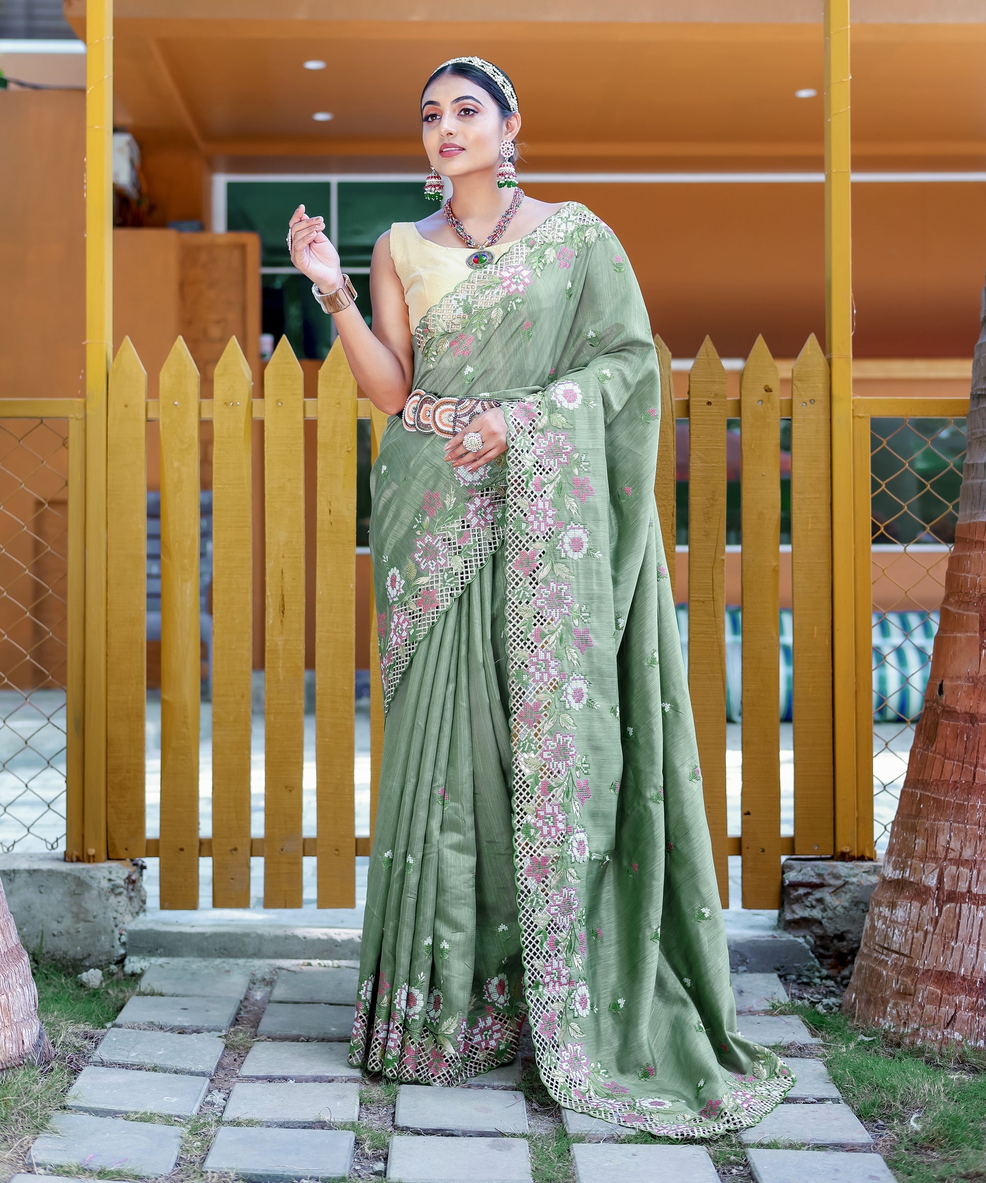 MySilkLove Sprout Green Embroidered Tussar Silk Saree