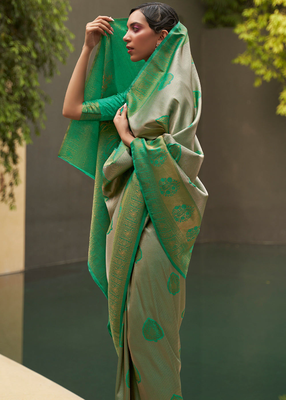 Buy MySilkLove Goblin Green and Grey Two Tone Woven Silk Saree Online