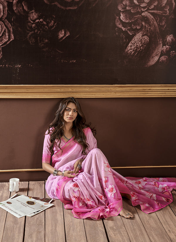 Carissma Pink Handloom Silk Digital Printed Saree
