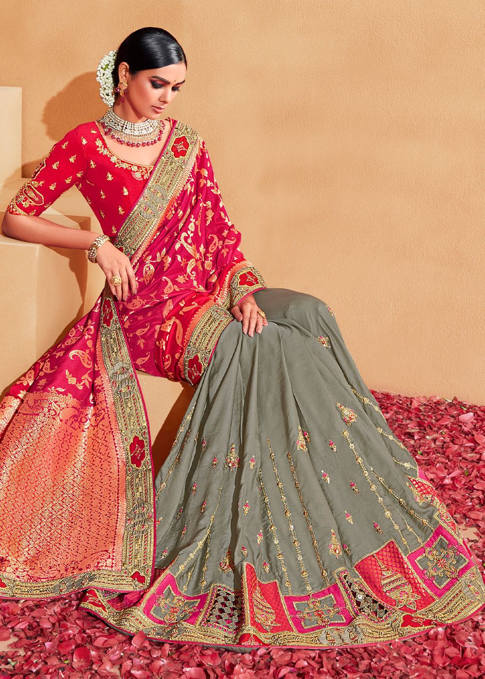 MySilkLove Cinnabar Red and Grey Embroidered Banarasi Silk Saree