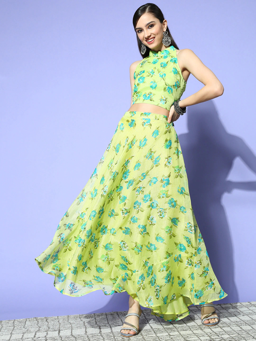 MySilkLove Primrose Yellow Printed Crop Top with Skirt Dress