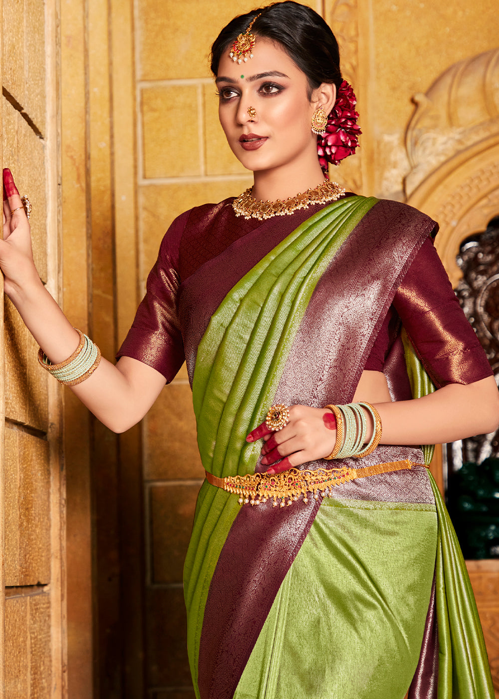 Buy MySilkLove Sycamore Green and Brown Zari Woven Kanjivaram Saree Online