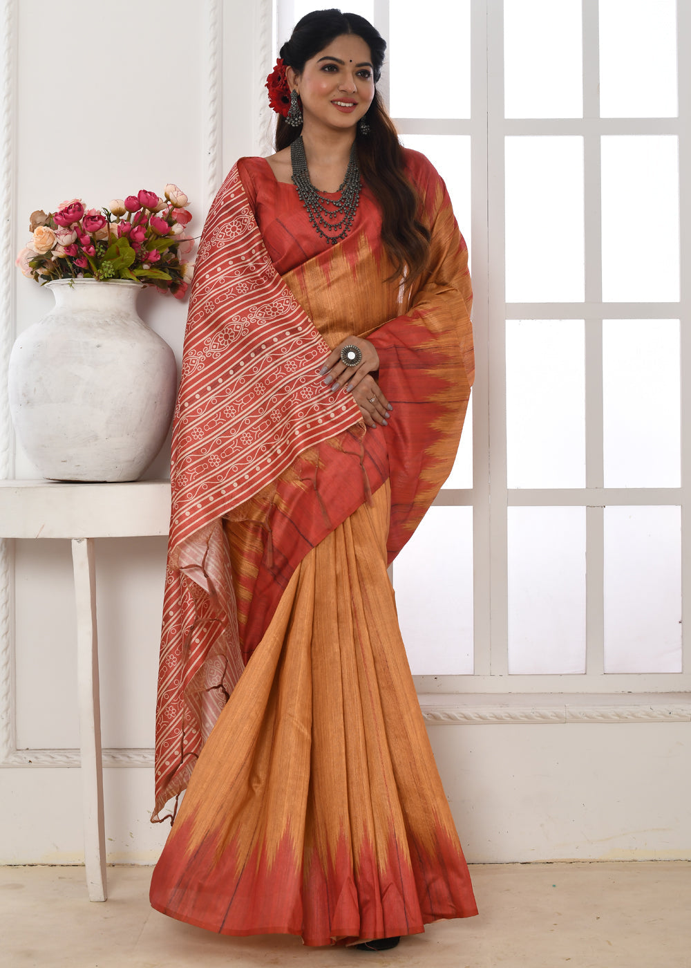 Buy MySilkLove Raw Sienna Orange Woven Tussar Ikkat Silk Saree Online