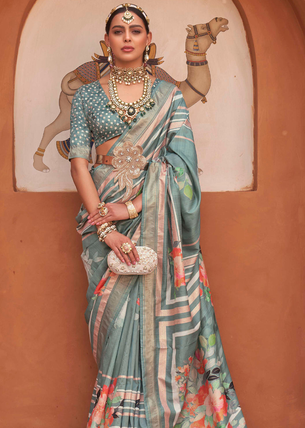 Buy MySilkLove Mantle Green Soft Floral Printed Silk Saree Online