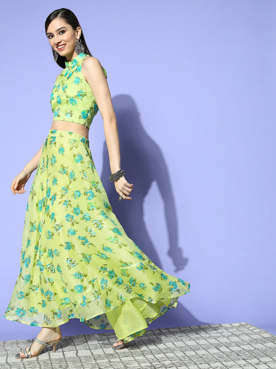 MySilkLove Primrose Yellow Printed Crop Top with Skirt Dress