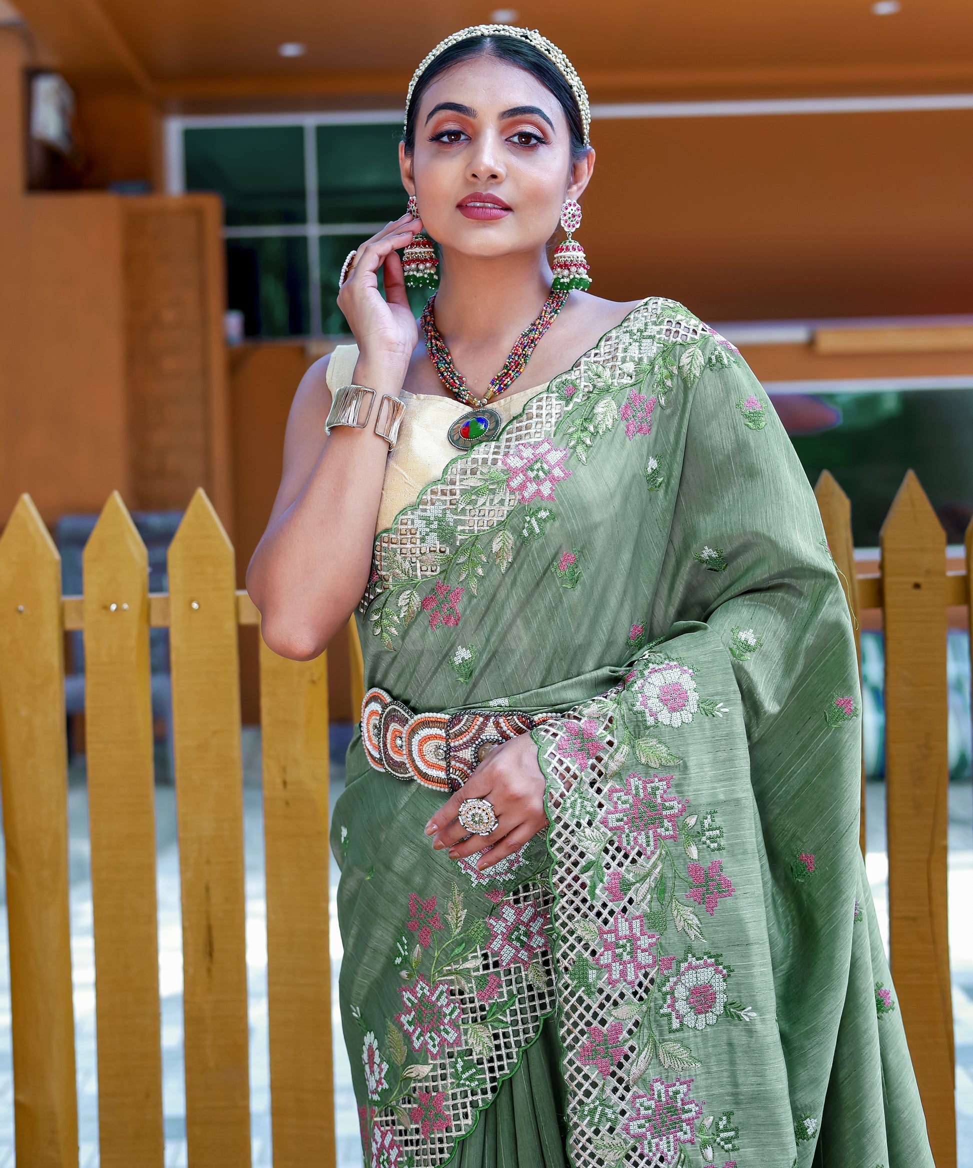 Buy MySilkLove Sprout Green Embroidered Tussar Silk Saree Online