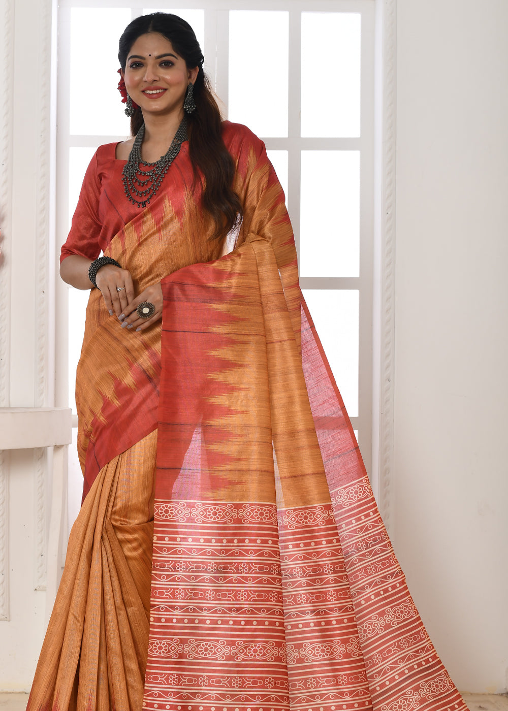 Buy MySilkLove Raw Sienna Orange Woven Tussar Ikkat Silk Saree Online