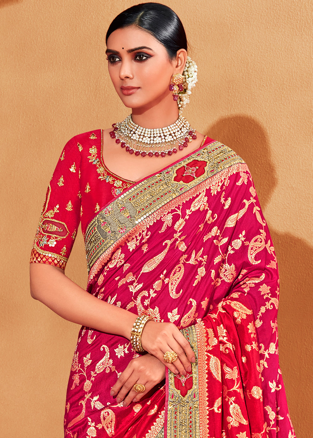 Buy MySilkLove Cinnabar Red and Grey Embroidered Banarasi Silk Saree Online
