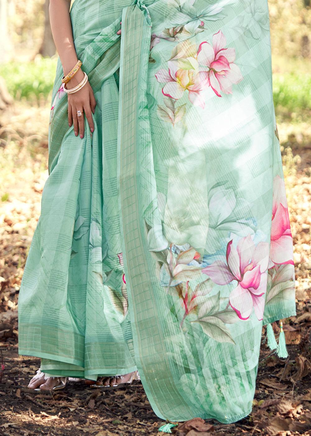 Buy MySilkLove Shadow Green Floral Printed Cotton Silk Saree Online