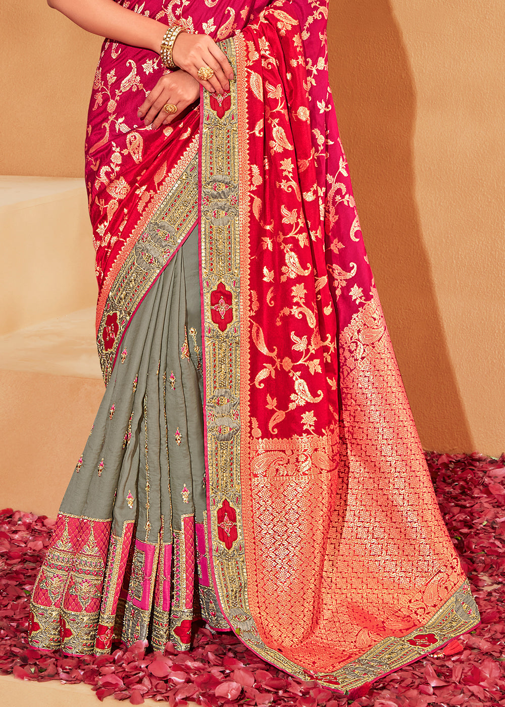 Buy MySilkLove Cinnabar Red and Grey Embroidered Banarasi Silk Saree Online
