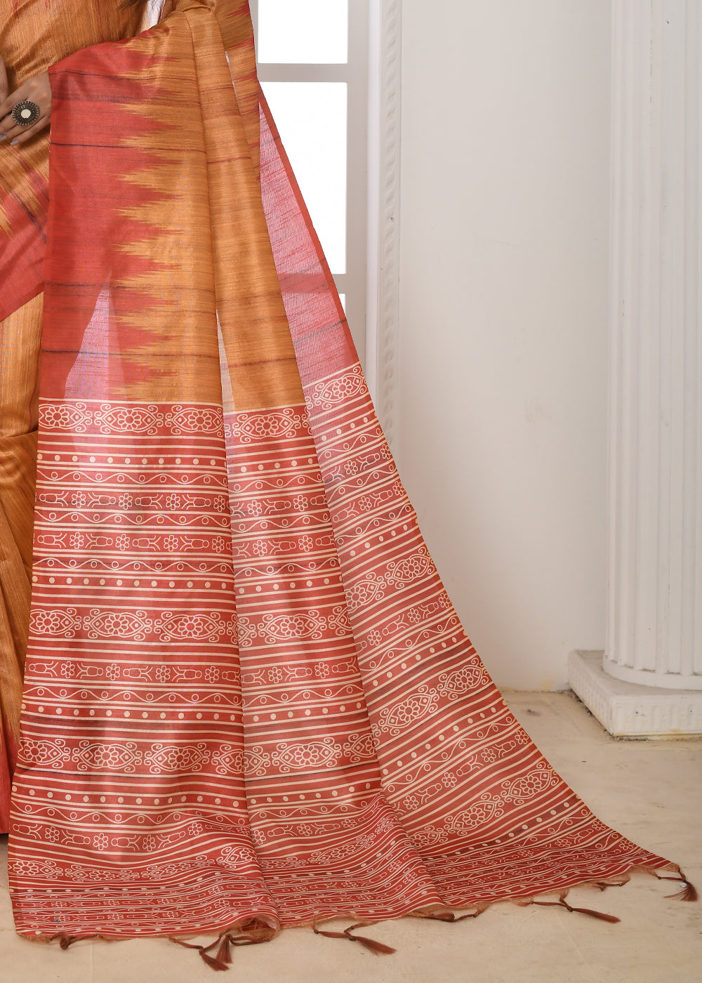 Buy MySilkLove Raw Sienna Orange Woven Tussar Ikkat Silk Saree Online