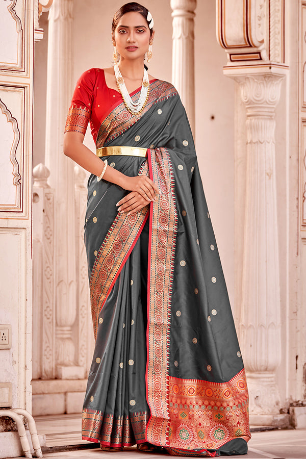 Sonic Silver Grey Zari Woven Banarasi Silk Saree