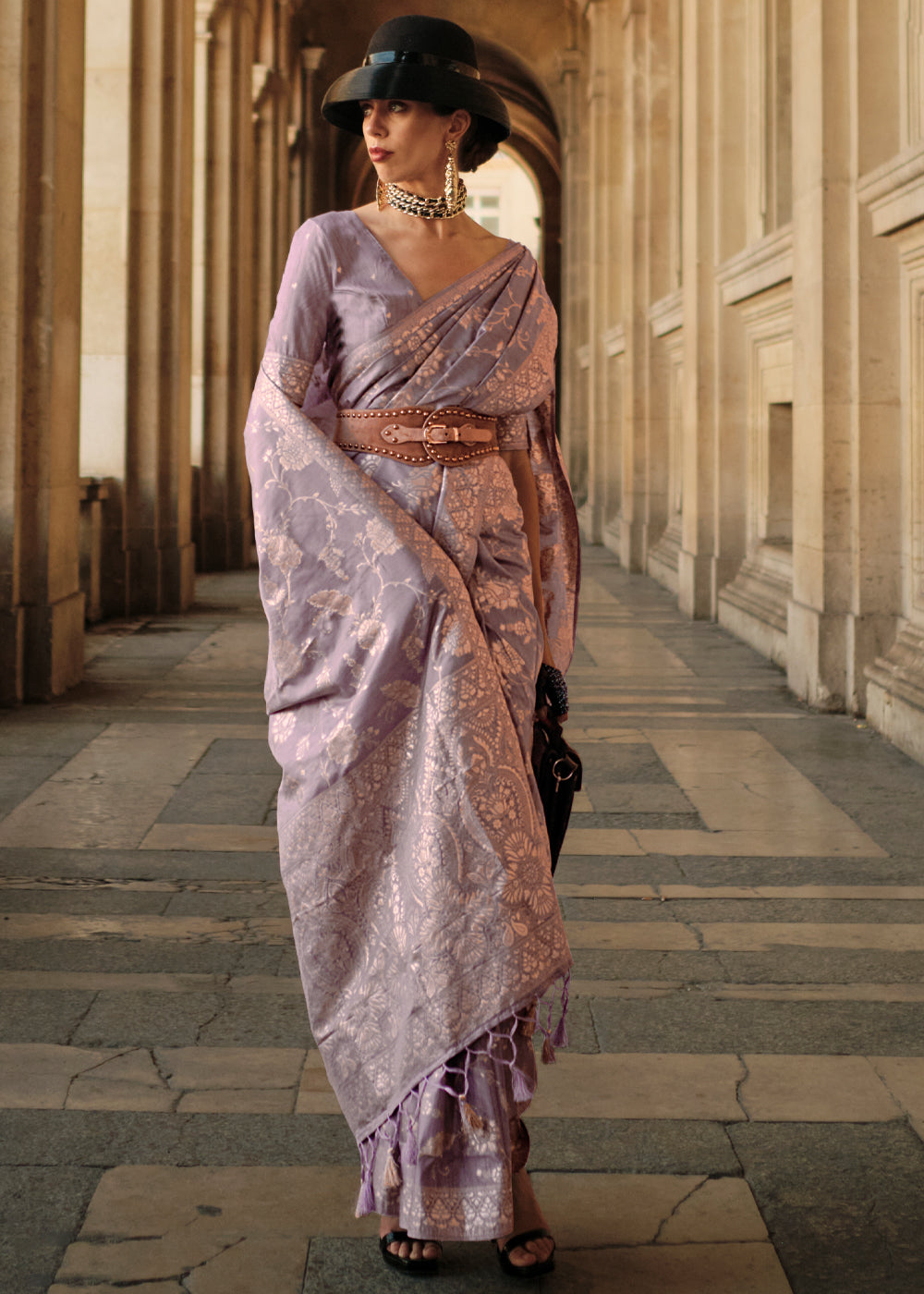 Buy MySilkLove Gull Gray Purple Zari Woven Banarasi Saree Online