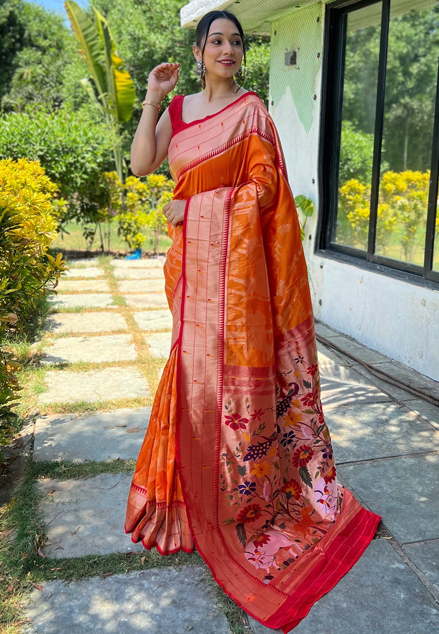 MySilkLove Texas Rose Orange Pichwai Woven Paithani Silk Saree