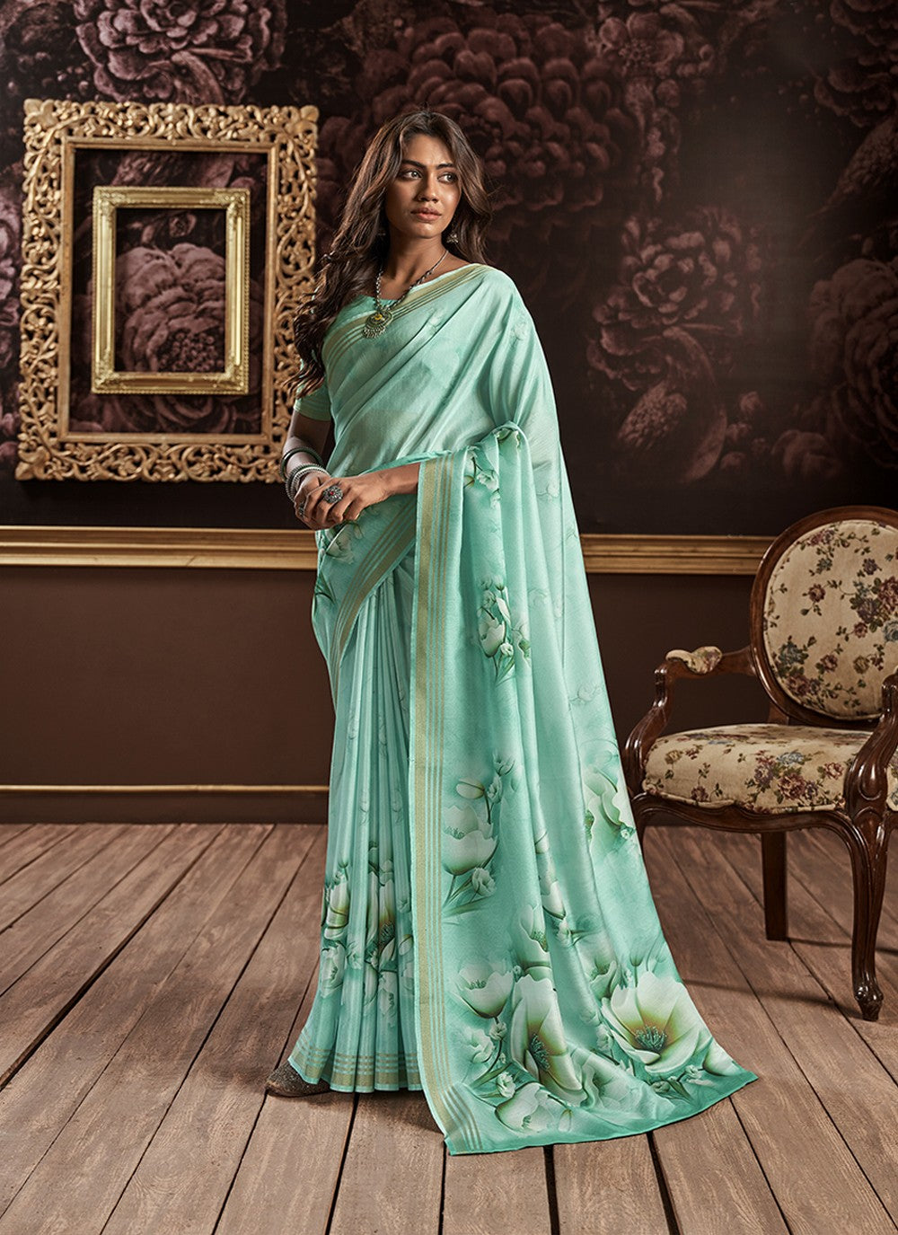 Buy MySilkLove Spring Rain Blue Handloom Silk Digital Printed Saree Online