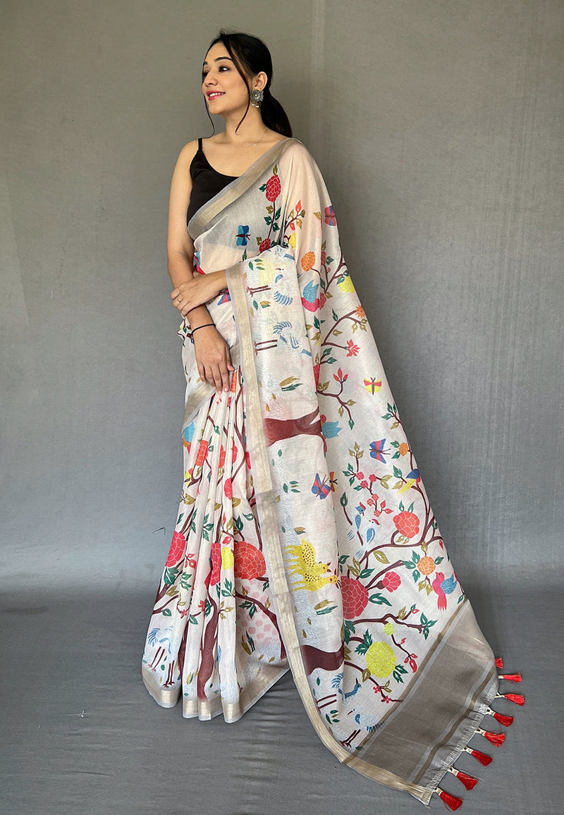 Westar White Tissue Printed Kalamkari Silk Saree
