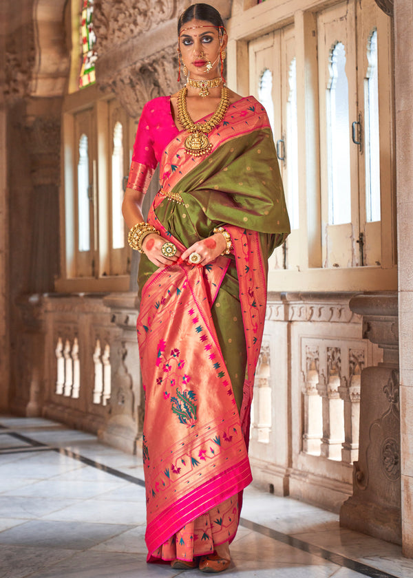 Peridot Green Woven Paithani Silk Saree