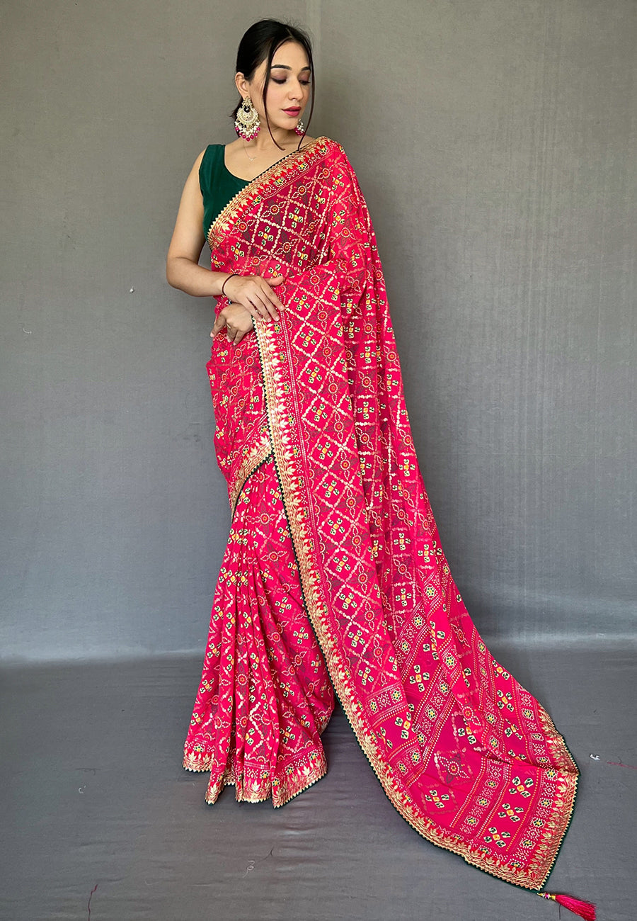 Buy MySilkLove Cabaret Pink Embroidered Georgette Bandhani Saree Online