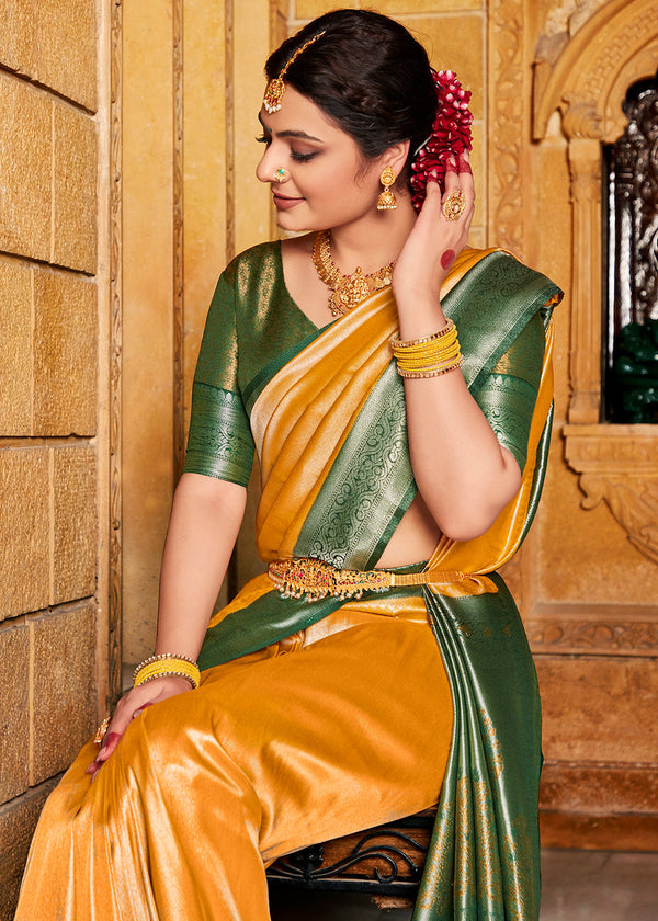 Tree Poppy Orange and Green Zari Woven Kanjivaram Saree