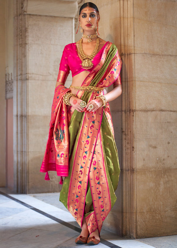 Peridot Green Woven Paithani Silk Saree