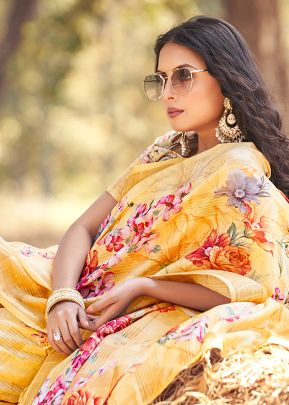 MySilkLove Fresh Yellow Floral Printed Cotton Silk Saree