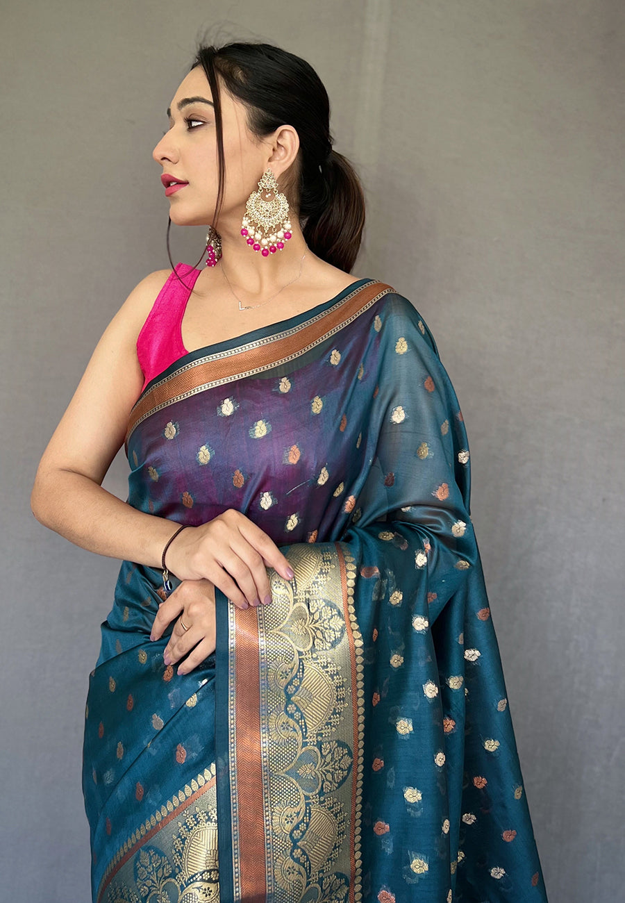 MySilkLove Shark Blue Zari Woven Organza Silk Saree