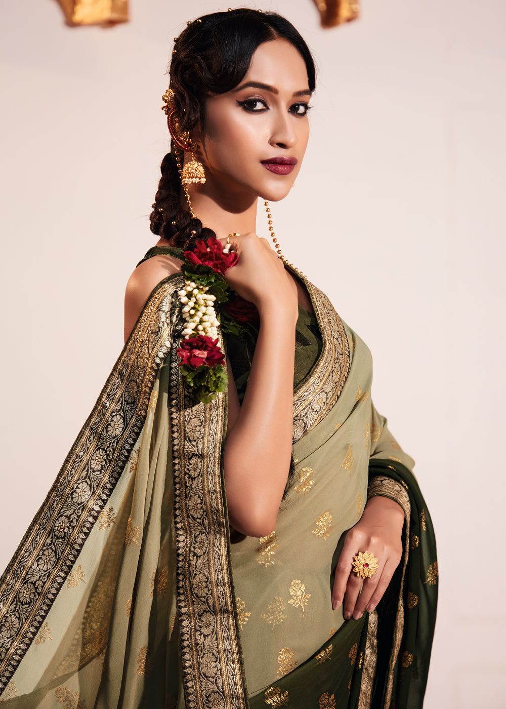 Buy MySilkLove Misty Moss Green Woven Georgette Silk Saree Online