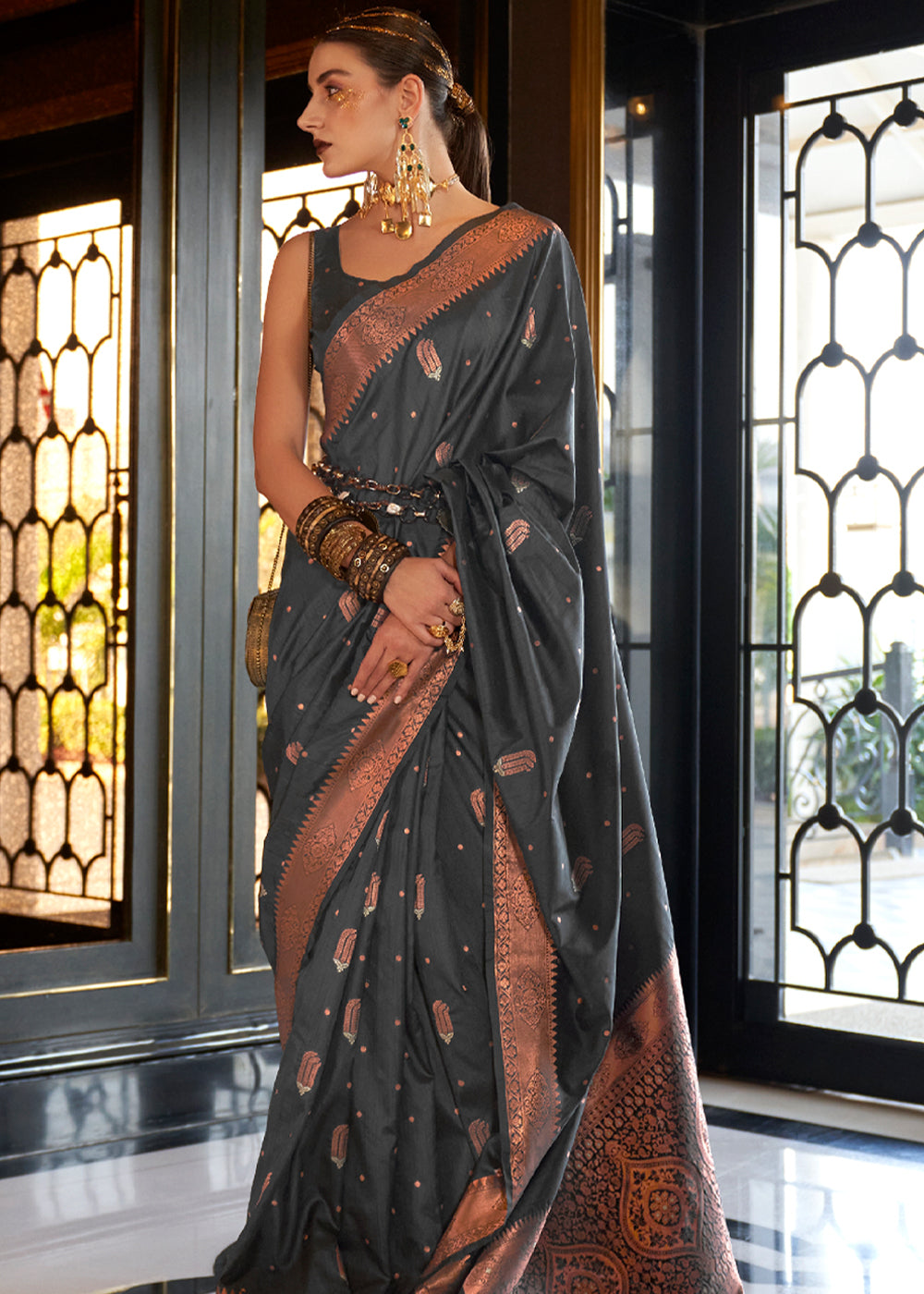 Buy MySilkLove Fuscous Grey Bronze Zari Woven Tussar Silk Saree Online