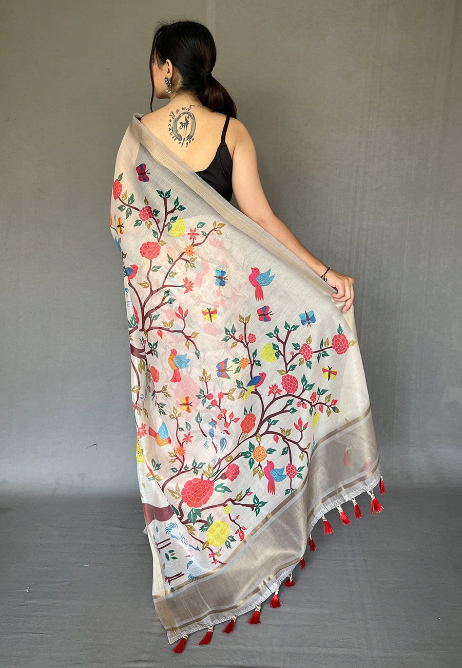 Buy MySilkLove Westar White Tissue Printed Kalamkari Silk Saree Online