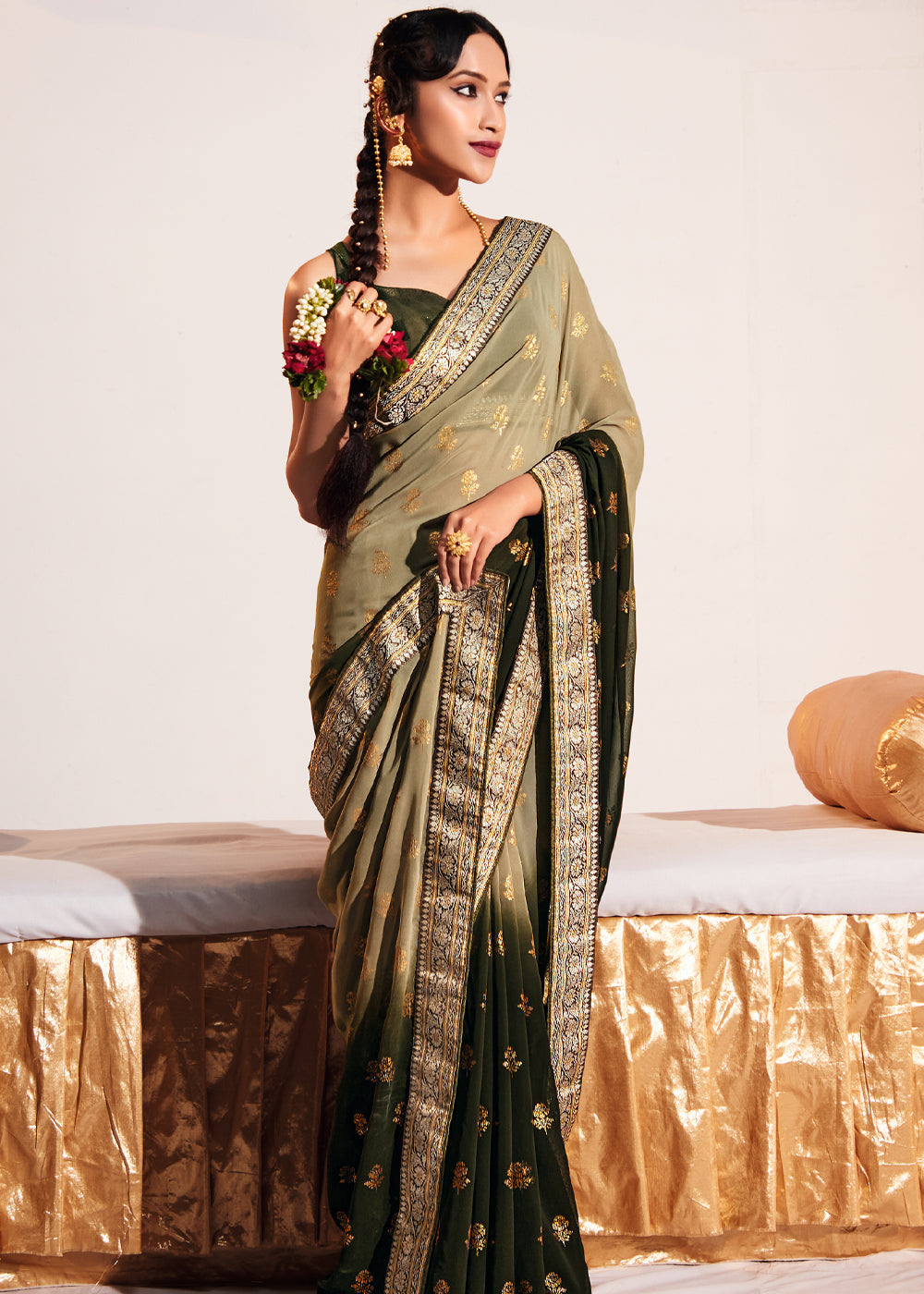 Buy MySilkLove Misty Moss Green Woven Georgette Silk Saree Online