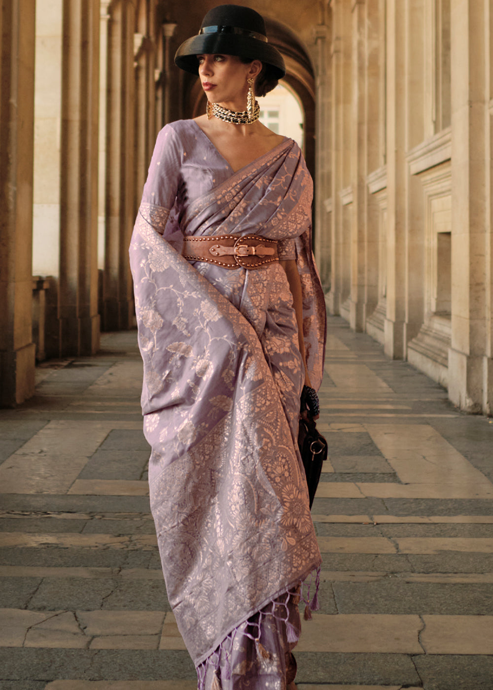 Buy MySilkLove Gull Gray Purple Zari Woven Banarasi Saree Online