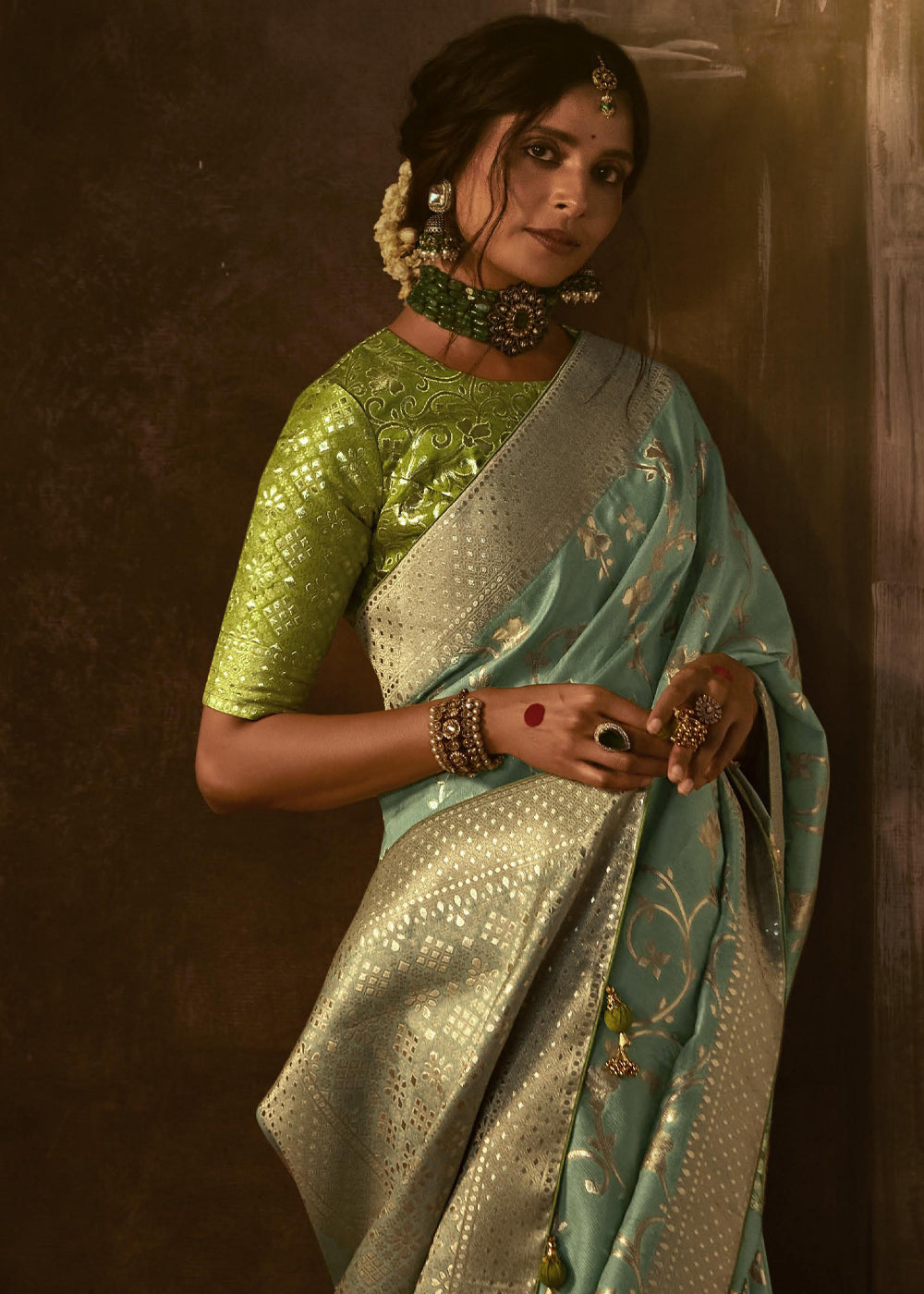 Buy MySilkLove Finch Green Woven Designer Banarasi Silk Saree Online