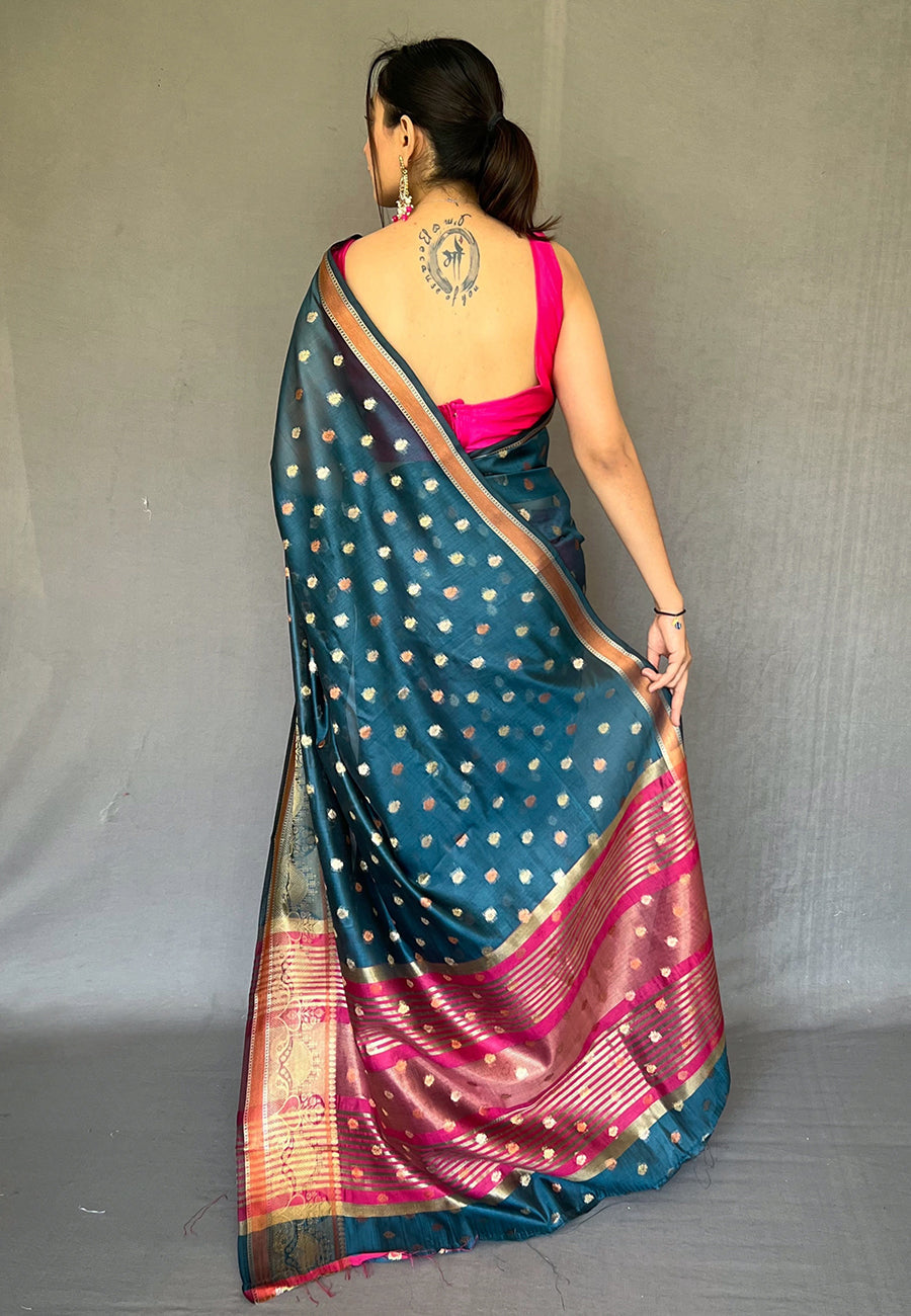 Buy MySilkLove Shark Blue Zari Woven Organza Silk Saree Online