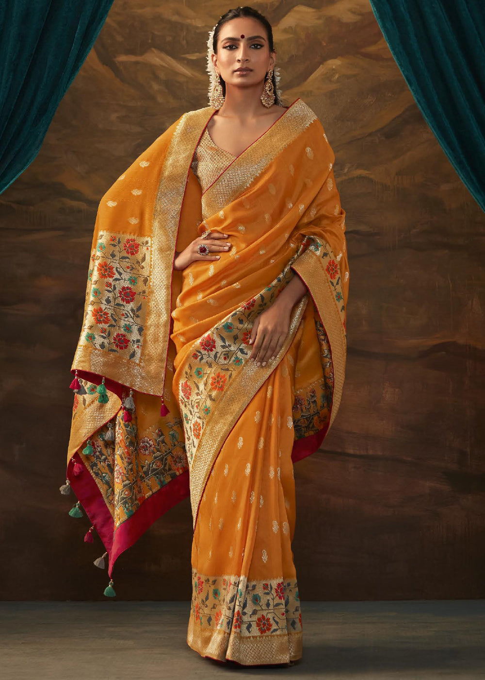 Buy MySilkLove Meteor Orange Woven Paithani Banarasi Soft Silk Saree Online