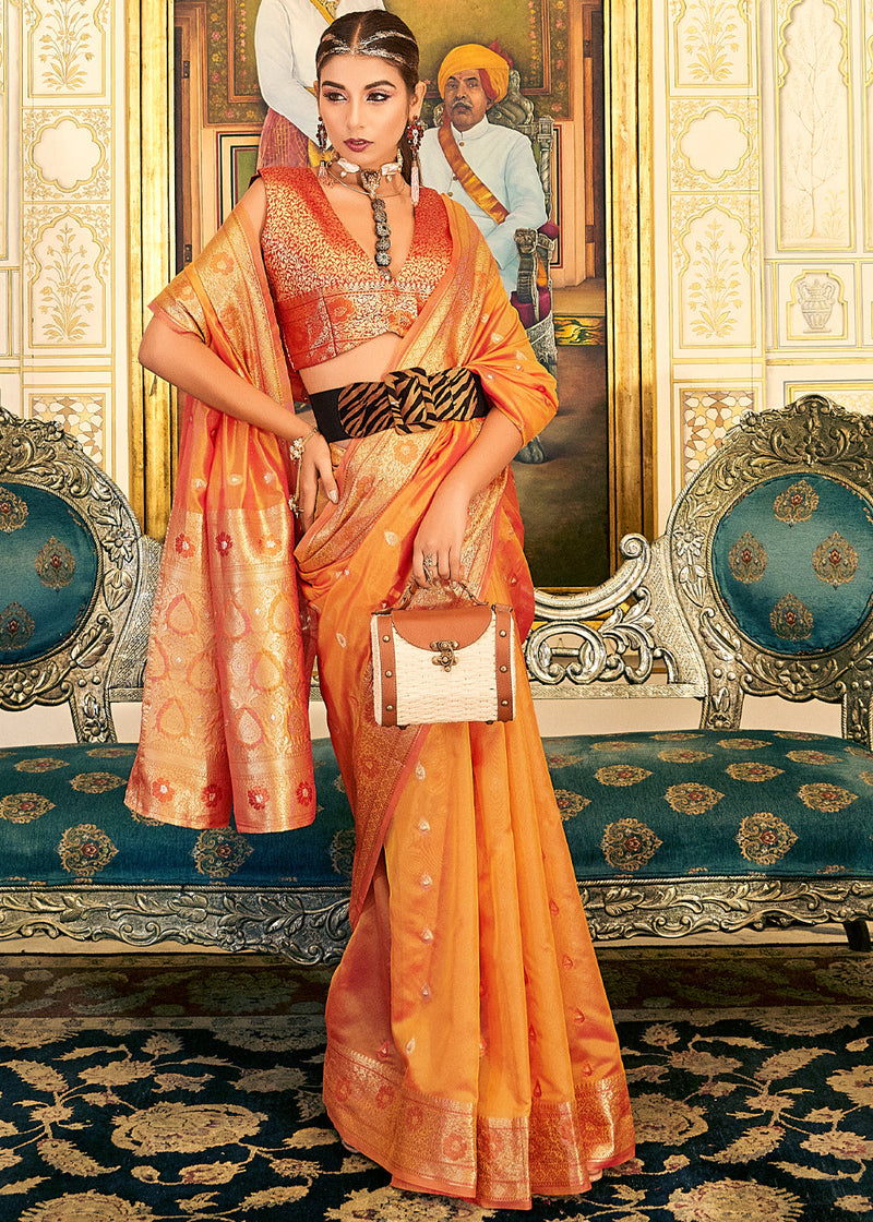 Zest Orange Woven Banarasi Organza Silk Saree