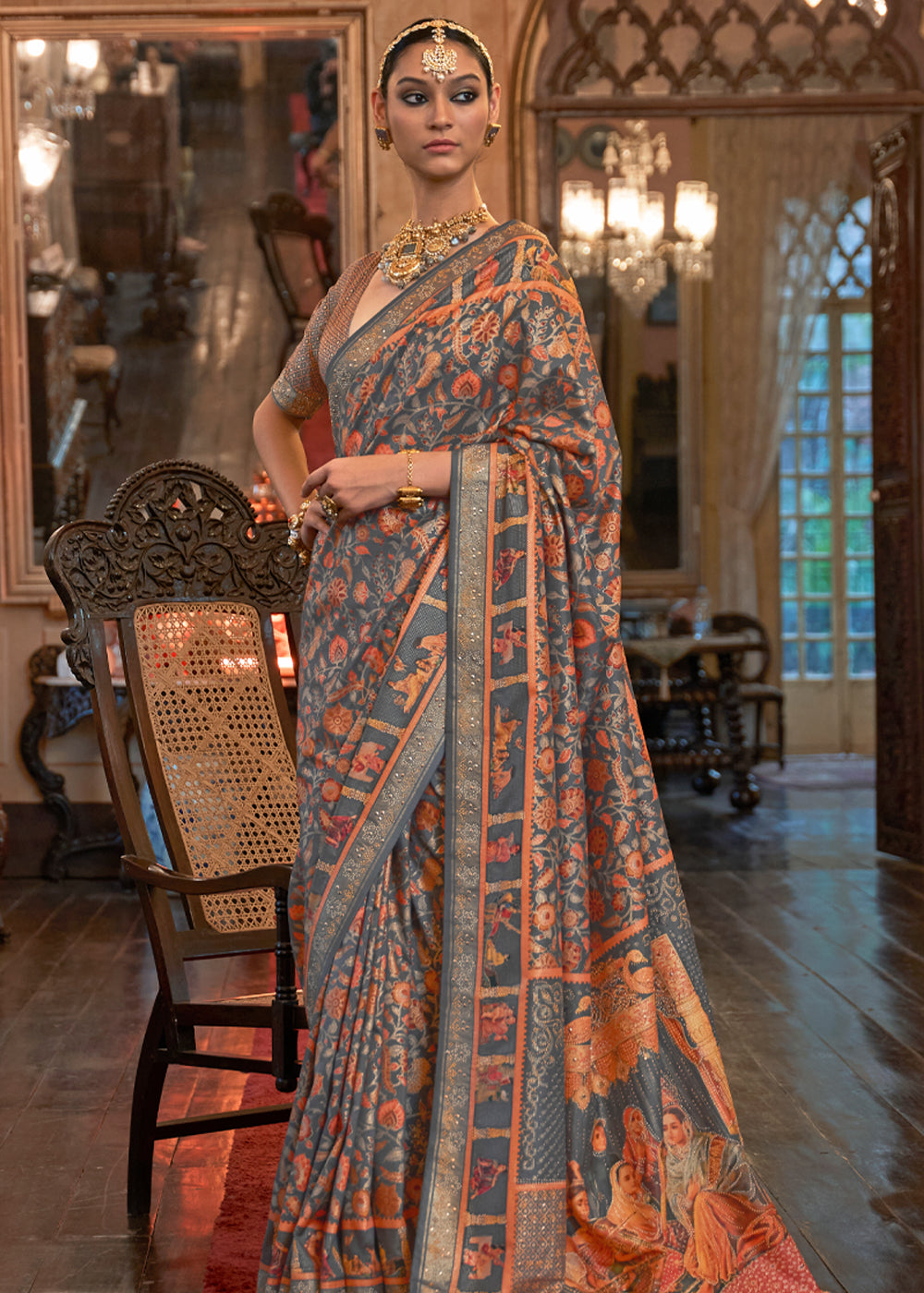 Buy MySilkLove Gravel Grey Woven Digital Printed Patola Saree Online