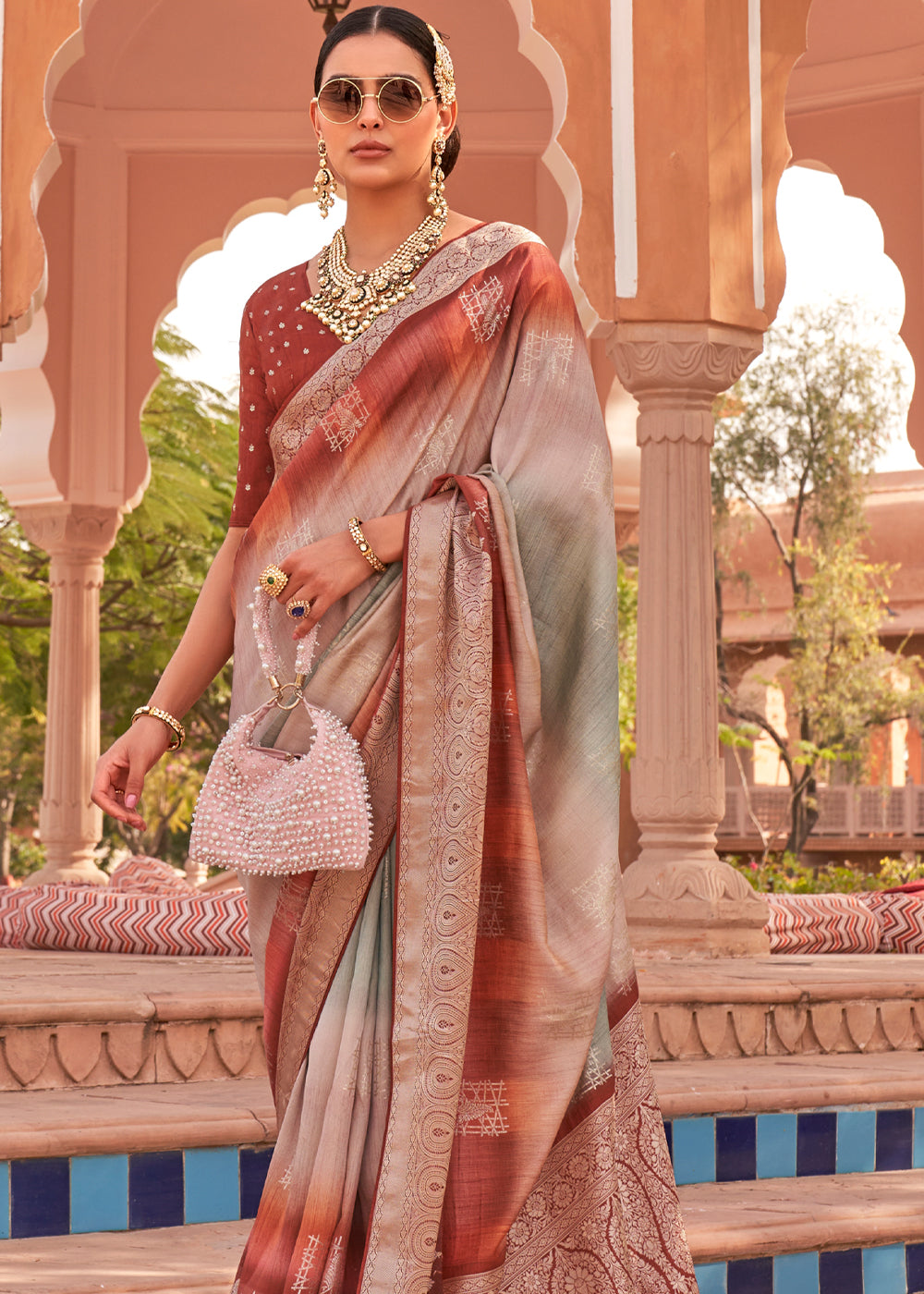 Buy MySilkLove Brandy Rose Brown and Grey Woven Soft Textured Printed Silk Saree Online