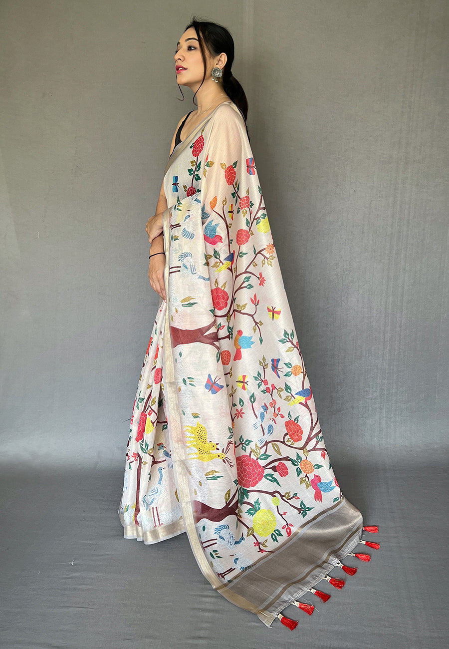 Buy MySilkLove Westar White Tissue Printed Kalamkari Silk Saree Online