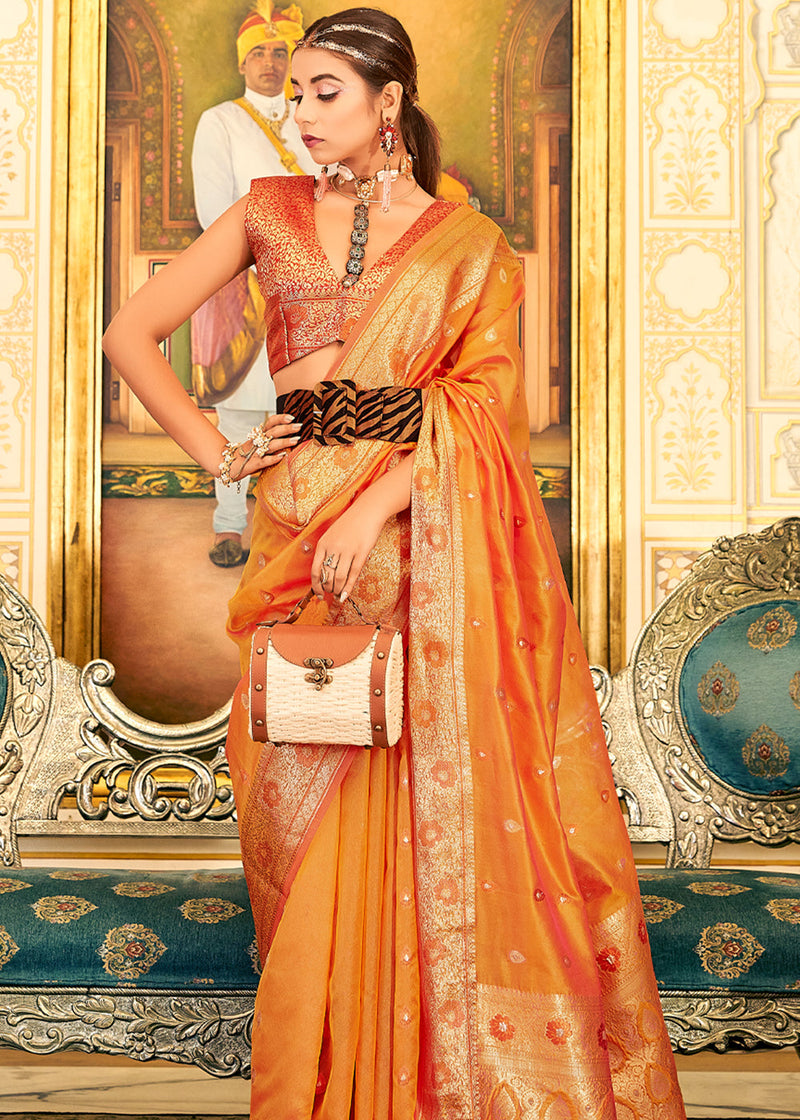 Zest Orange Woven Banarasi Organza Silk Saree