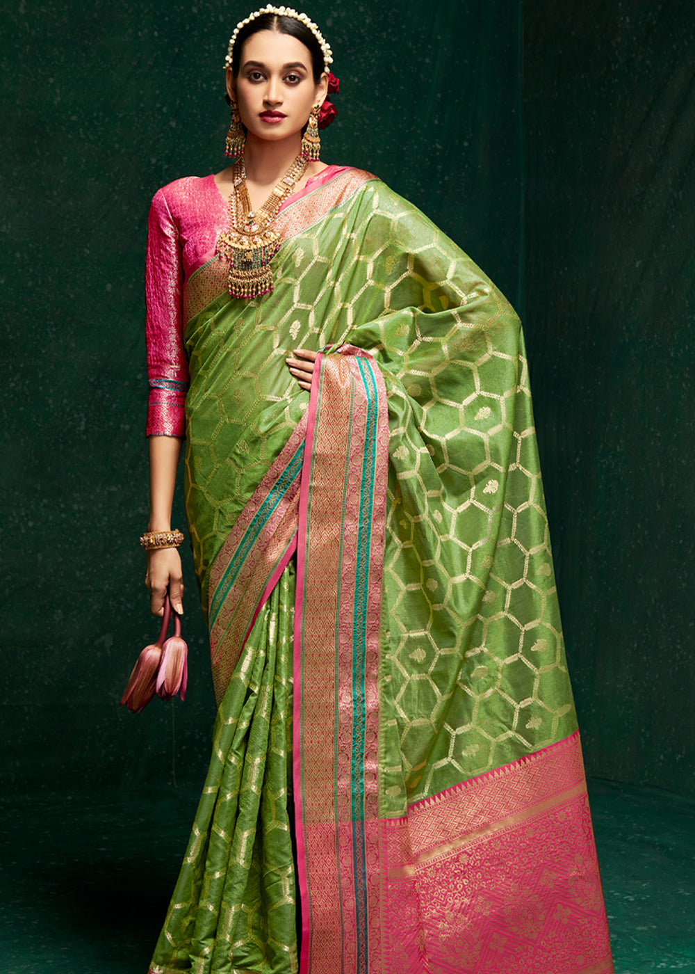 Buy MySilkLove Wild Willow Green Woven Banarasi Silk Saree Online