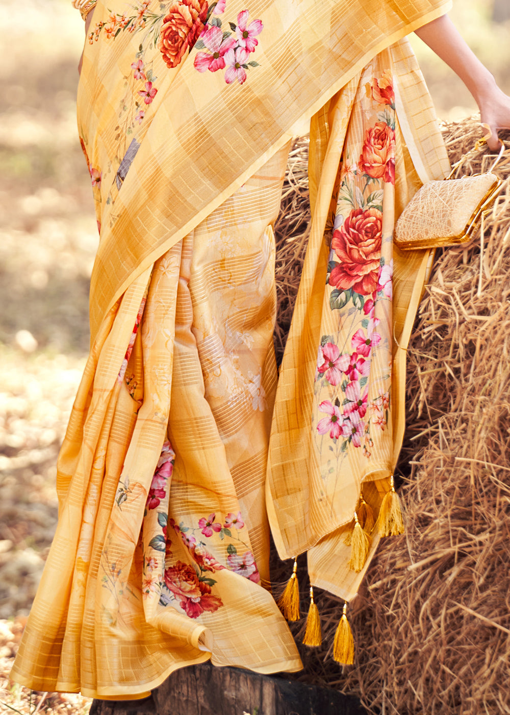 Buy MySilkLove Fresh Yellow Floral Printed Cotton Silk Saree Online