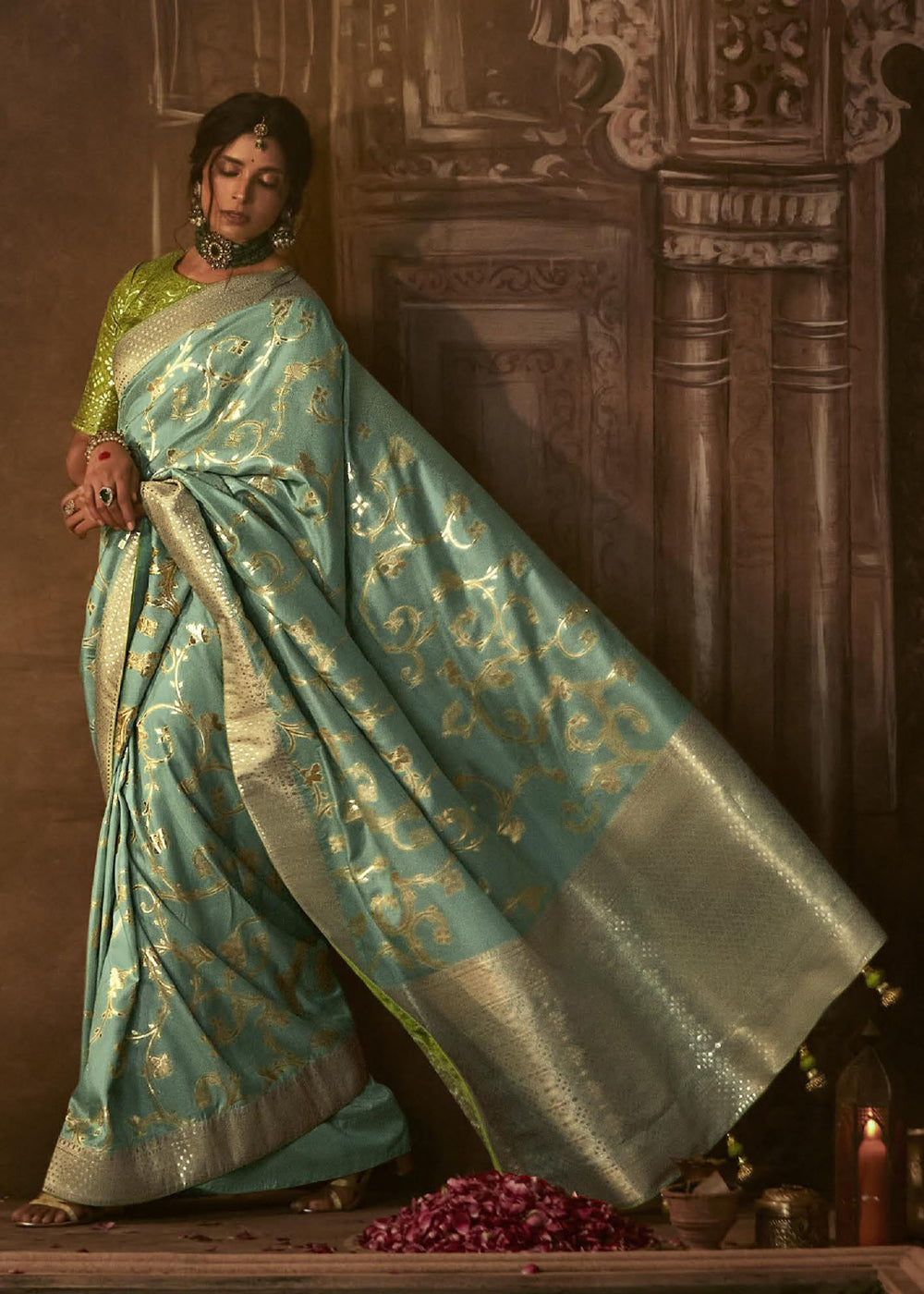 Buy MySilkLove Finch Green Woven Designer Banarasi Silk Saree Online