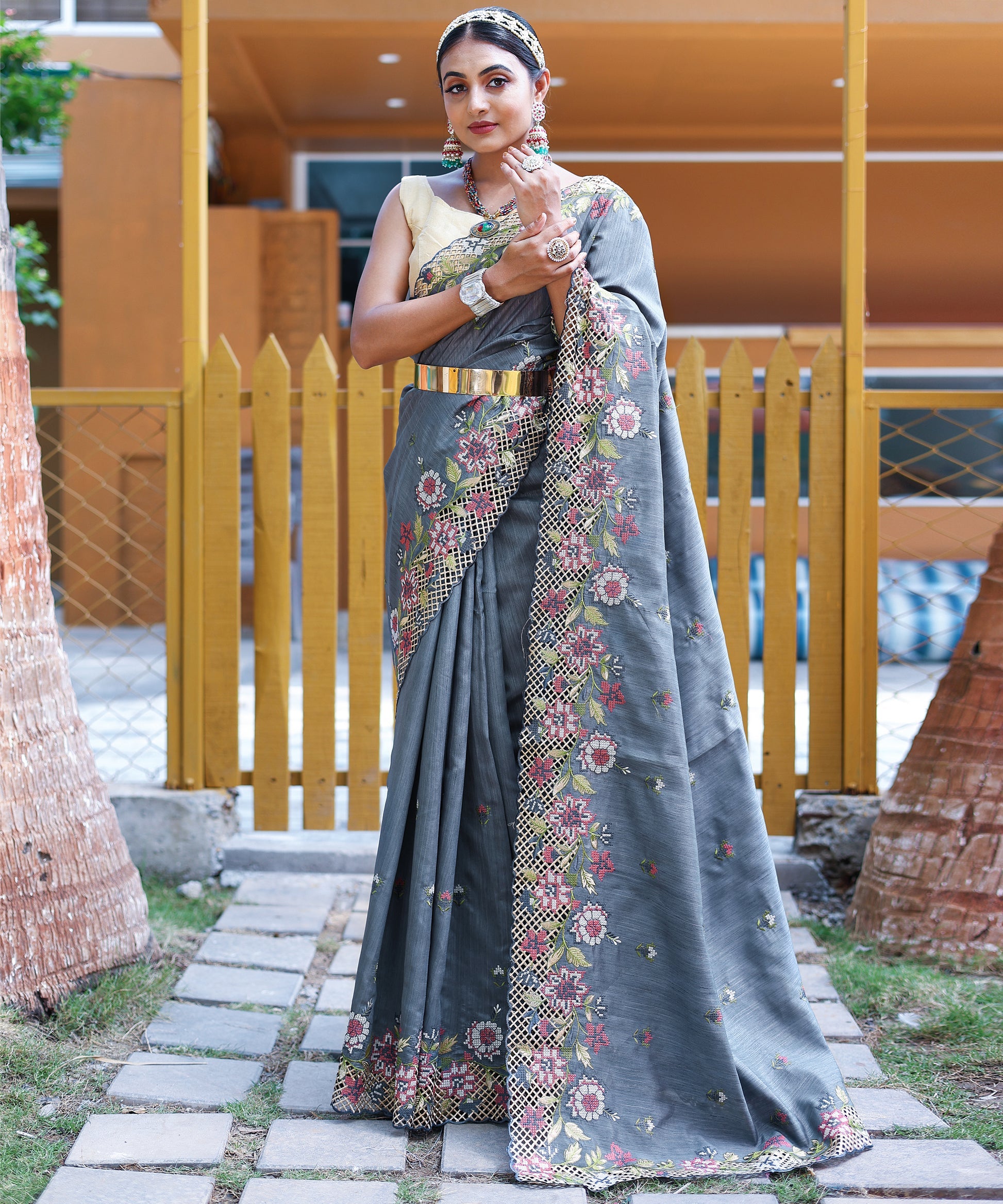 Buy MySilkLove Shuttle Grey Embroidered Tussar Silk Saree Online